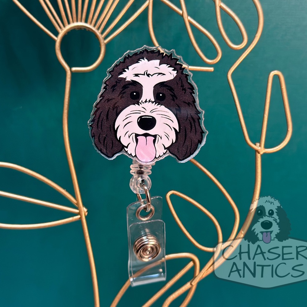 Doodle Dog Badge Reel | IB Badge Clip | Black White